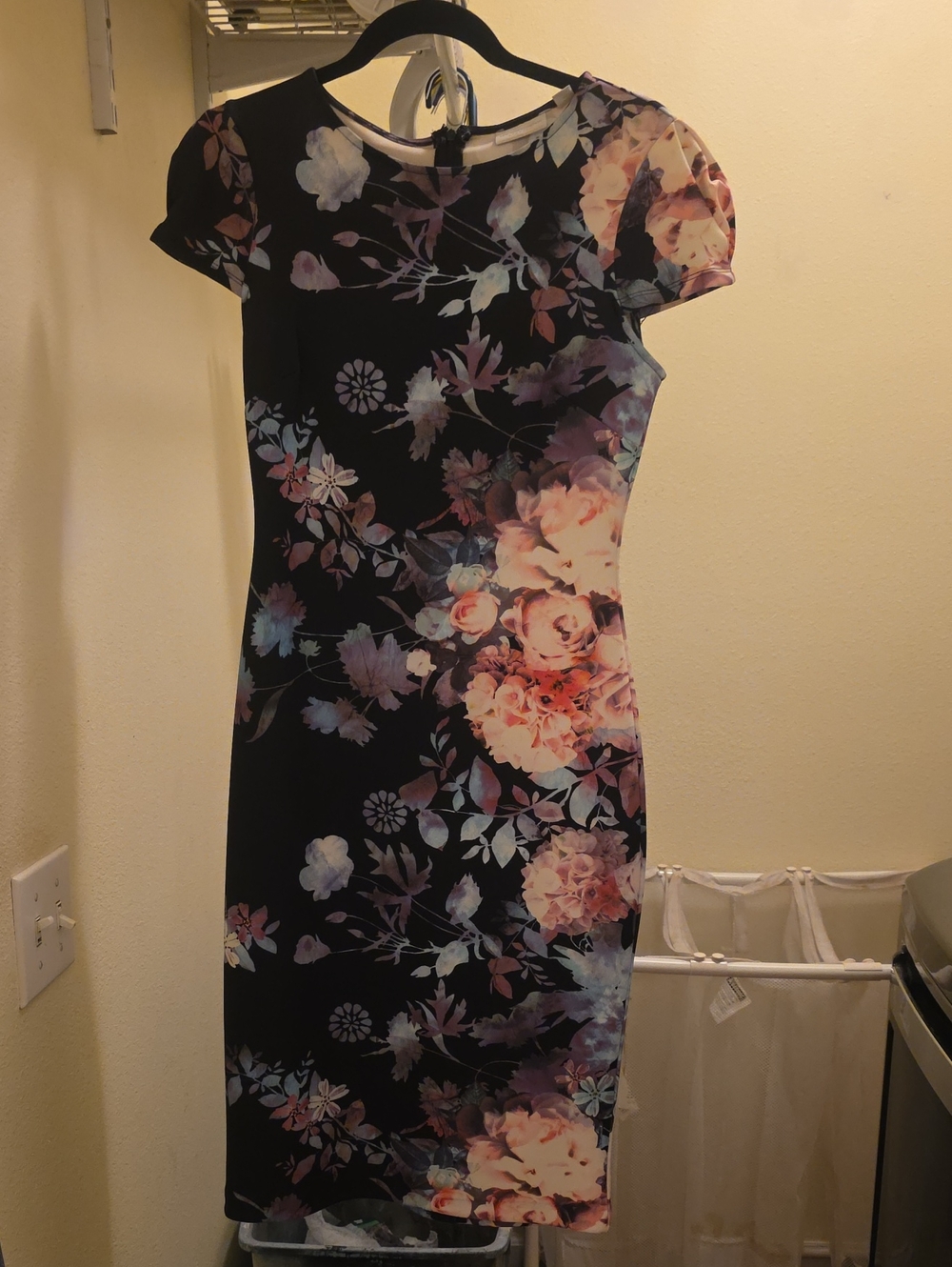New York & Company Black Midi Dress with Pink & Purple Floral Print